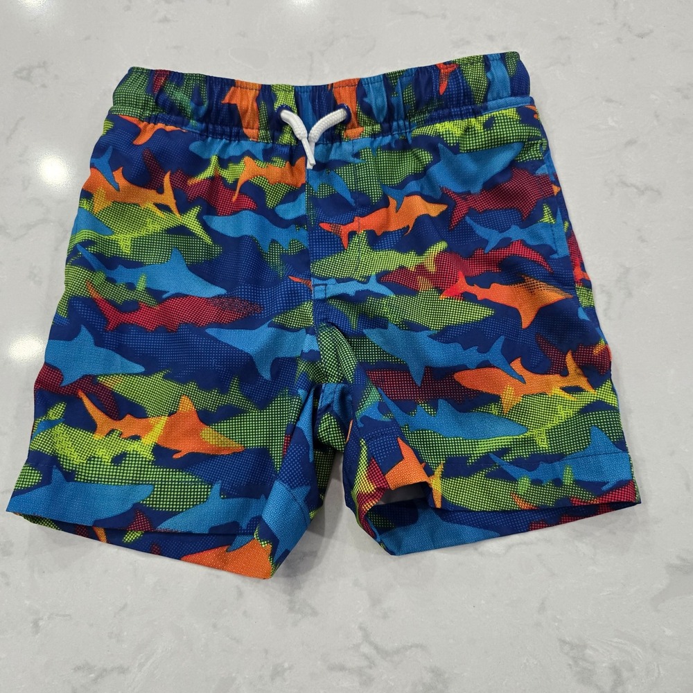 Lands End Boys Shark Print Swim Trunks Multicolor Board Shorts 3T RN168874
